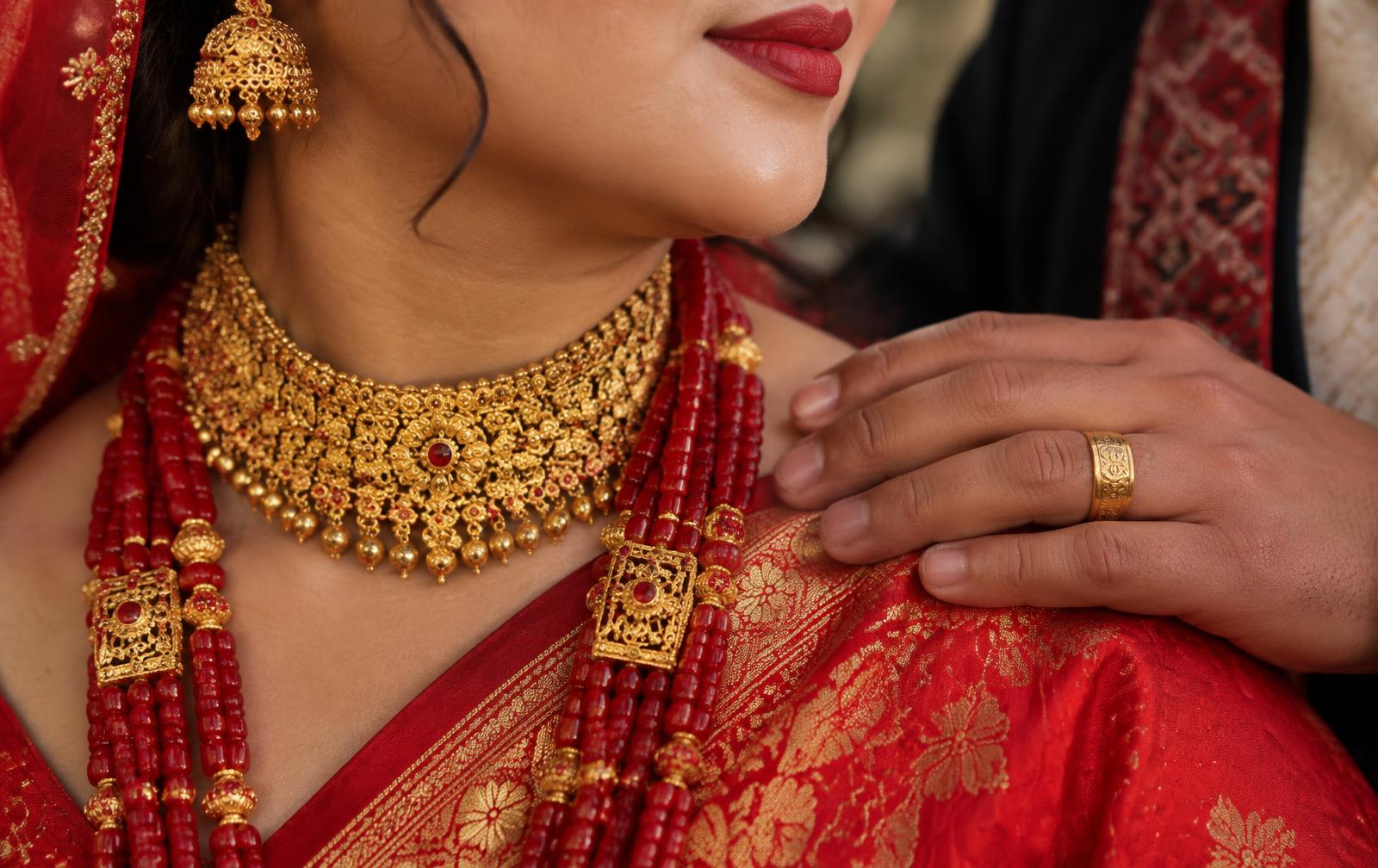Close-up of a bride's gold necklace and red pote strands, with the groom's hand wearing a gold ring on her shoulder