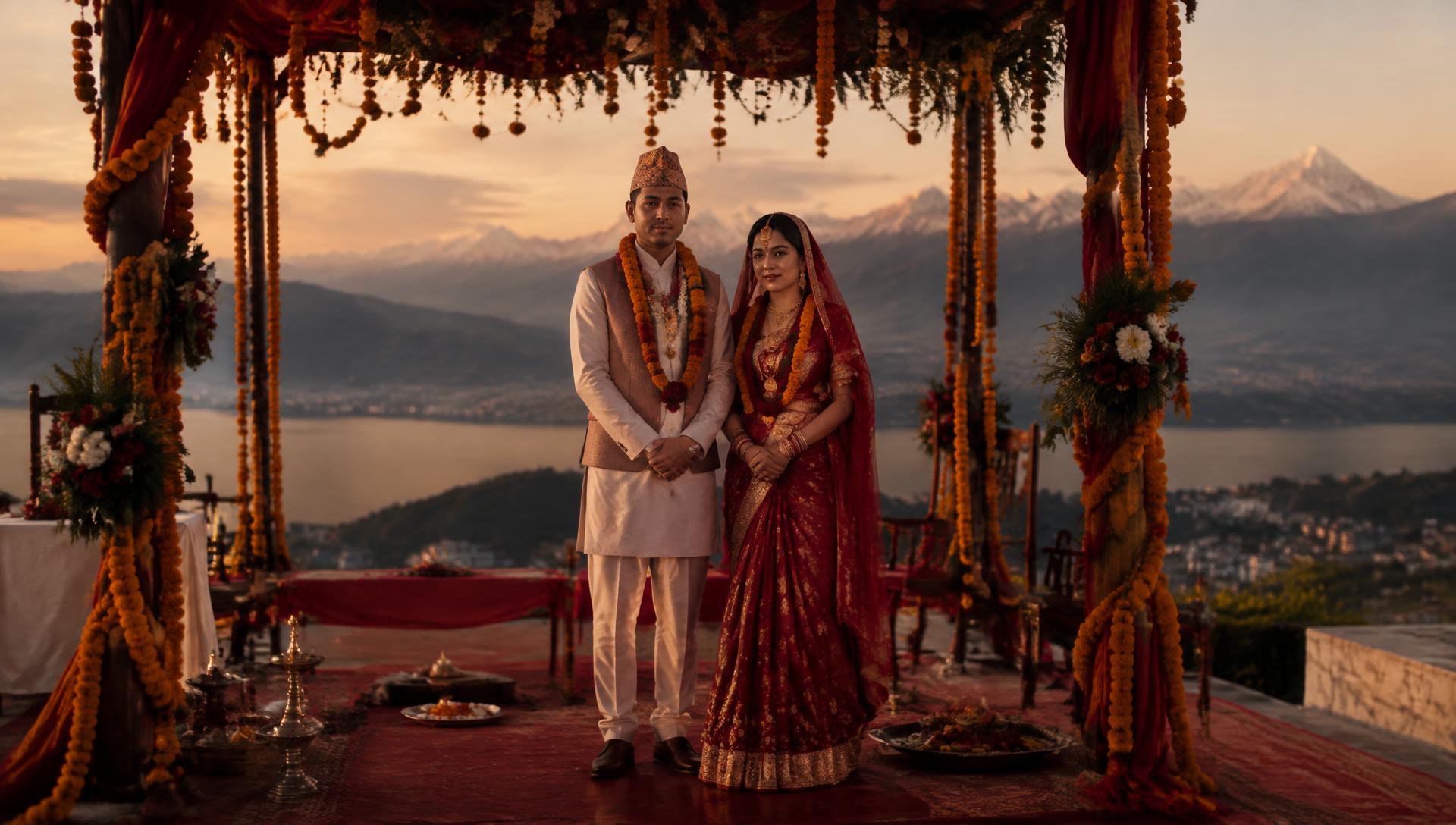 Nepali bride and groom standing under a marigold mandap with the Annapurna range behind them at dusk